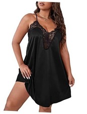 Women's Plus Size Satin Nightgown Lace Trim Backless V 5X-Large Plus Black