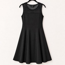 Ann Taylor Black Mesh Yoke Knit Fit & Flare Dress LG Elegant A-Line Cocktail LBD