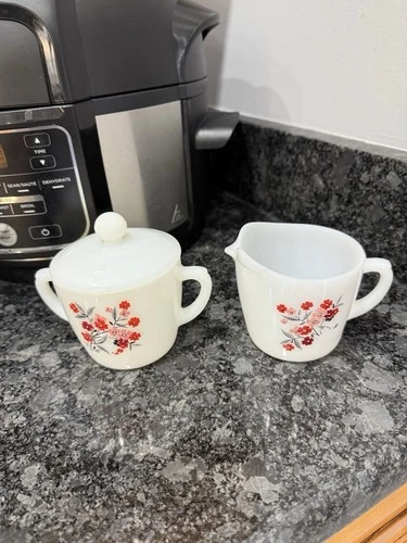 Fire King Primrose VTG  Sugar Bowl W/ Lid And Creamer MCM Milk Glass EUC