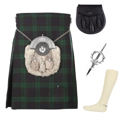 THE SCOTLAND KILT COMPANY 4-teiliges Kiltpaket mit Stiftschlauch und Sporran - Gr. 30-44 - schwarze Uhr