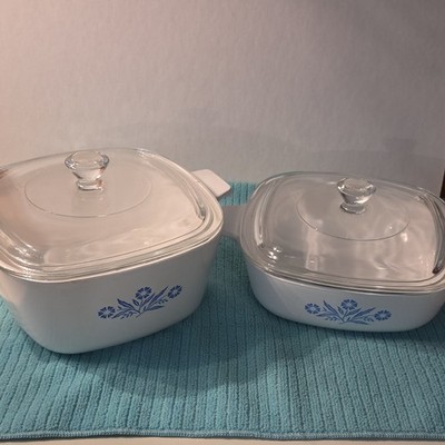 CorningWare Blue Floral Ceramic Casserole Dishes 1 QT & 1 3/4 QT with Lids USA