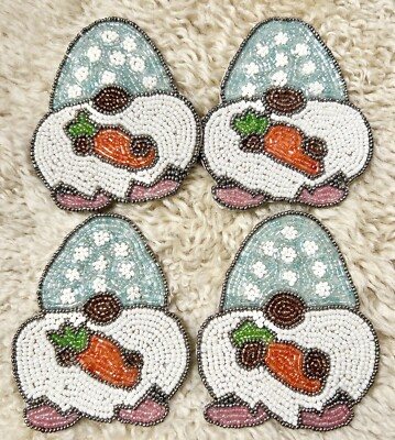 BRAND NEW IN FULL BLOOM SET OF 4 EASTER GNOME WITH CARROT BEADED COASTERS 5X4''
