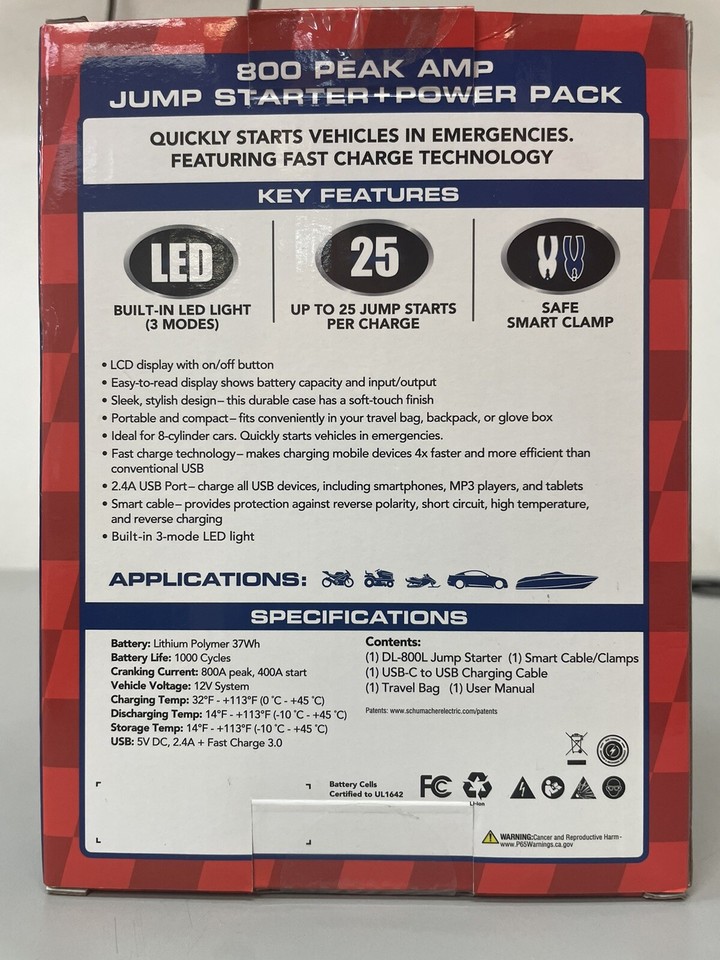 Duralast DL800L 800 Peak Amp Jump Starter+ Power Pack DL800L