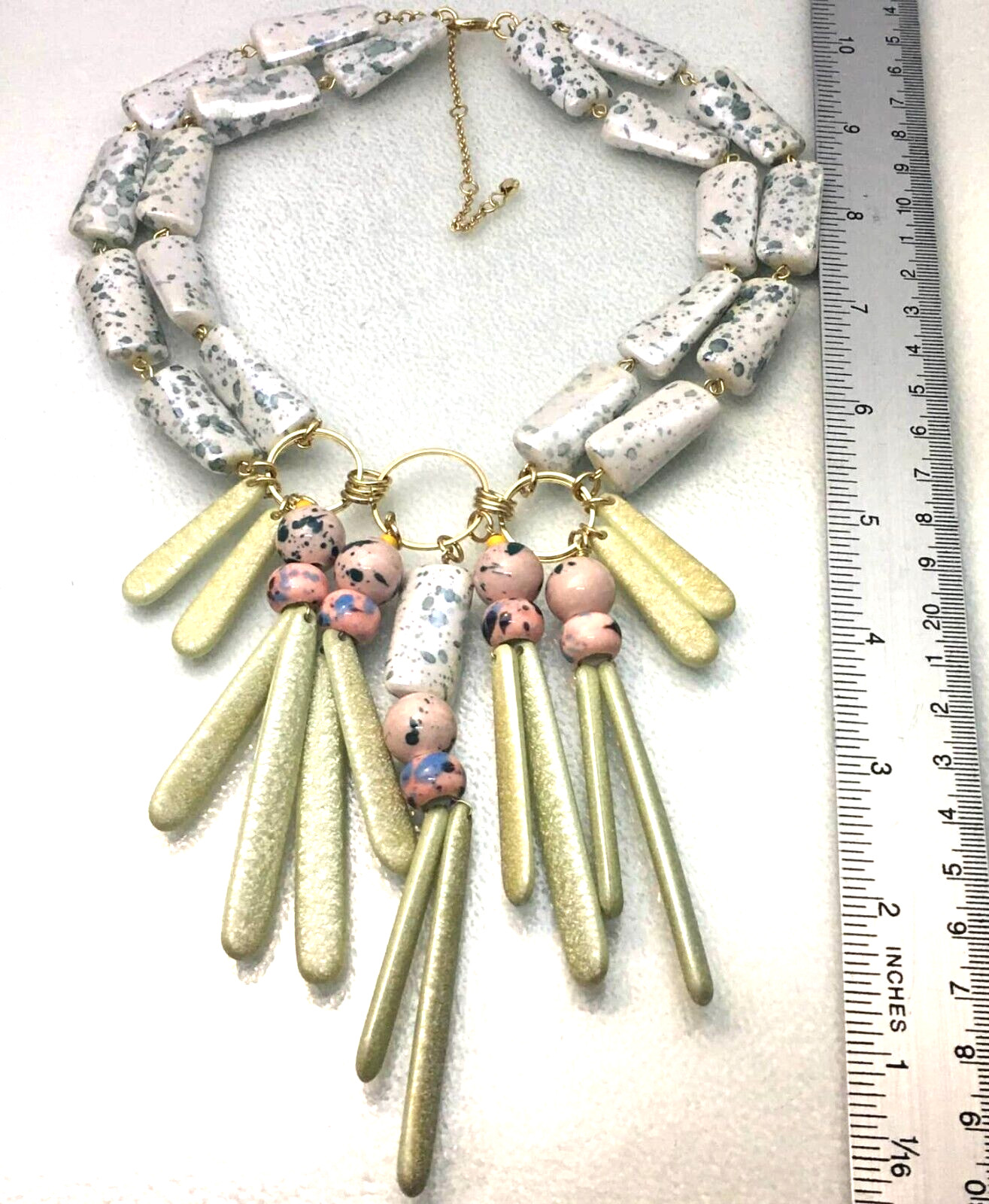 Statement Necklace Double Strand Light Green Pink… - image 3