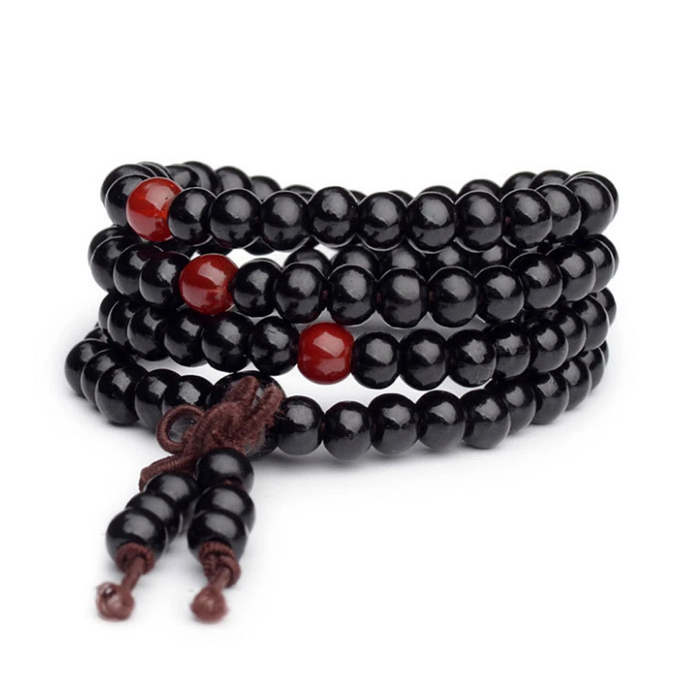 Mala bracelet bois de santal bouddha 108 perles bois prière perles noir - Photo 1/4