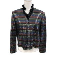 St John Evening Jacket Womens 12 Women Multicolor Sequin Ruffle Neck Zip Striped