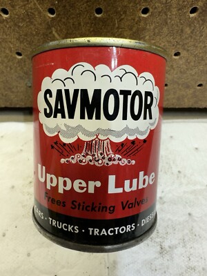 GRAPHIC * FULL * LATE 1940S ATOMIC OIL CO. SAVMOTOR UPPER LUBE OLD TULSA OIL CAN