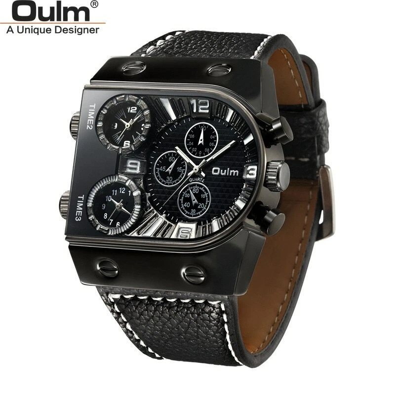 Oulm 9315 Classic Casual Wristwatch Cool Black Three Time Zone Men