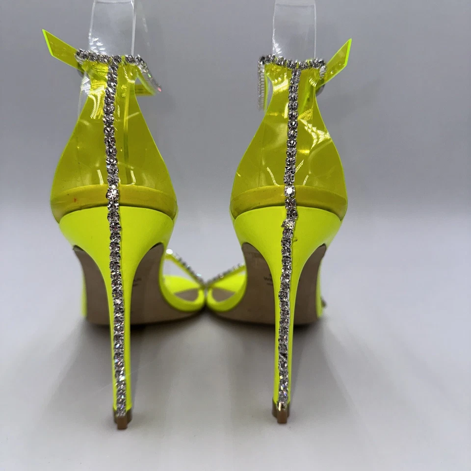 STUART WEITZMAN Rhinestone Embellished Stiletto Heel Yellow Satin Leather Sz 7.5 - Image 4 of 4