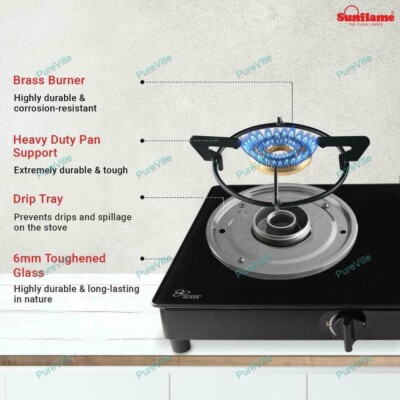 Sunflame Desire 3-Burner Glass Top Gas Stove - Manual Ignition, Black - Brass Burners & Spill-Proof Tray
