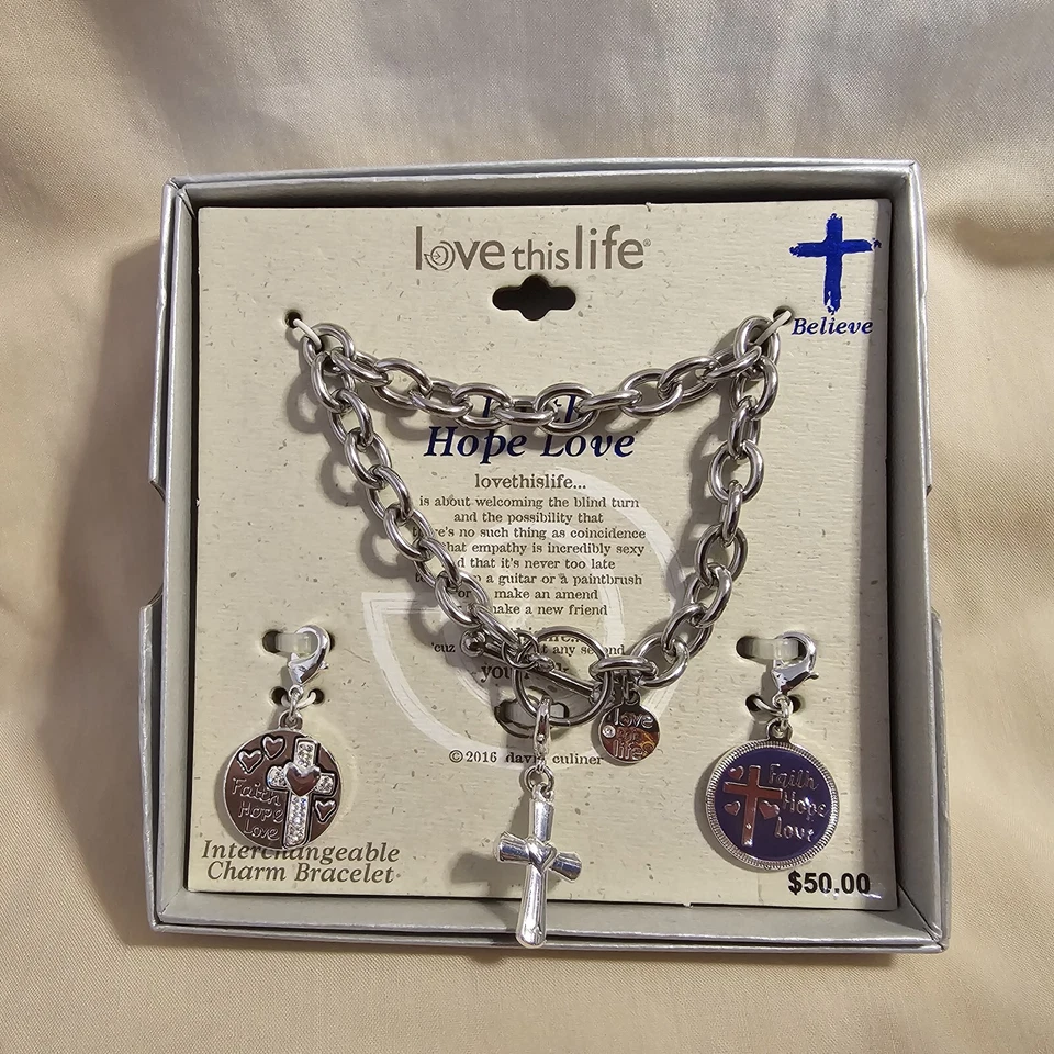 NEW DAVID CULINER LOVE THIS LIFE CHAIN BRACELET BELIEVE CHARMS SILVER TONE, NIB - Image 3 of 4