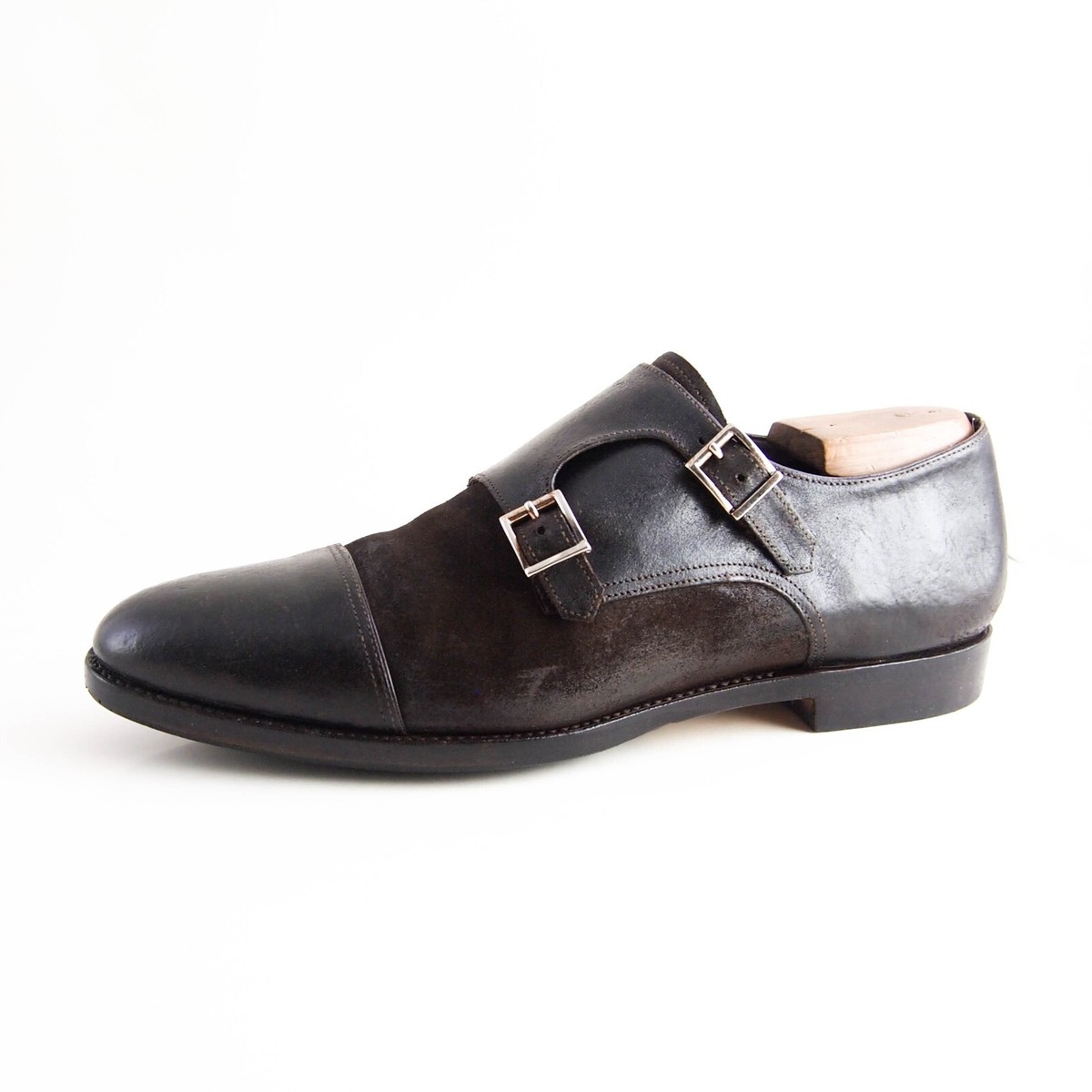 Santoni Double Monk Strap Loafers Brown Leather Suede Mens  display picture 2