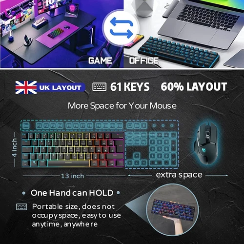 ROYAL KLUDGE RK61 Wireless Mechanical Keyboard Tri-modes RGB Red Switch-Black UK