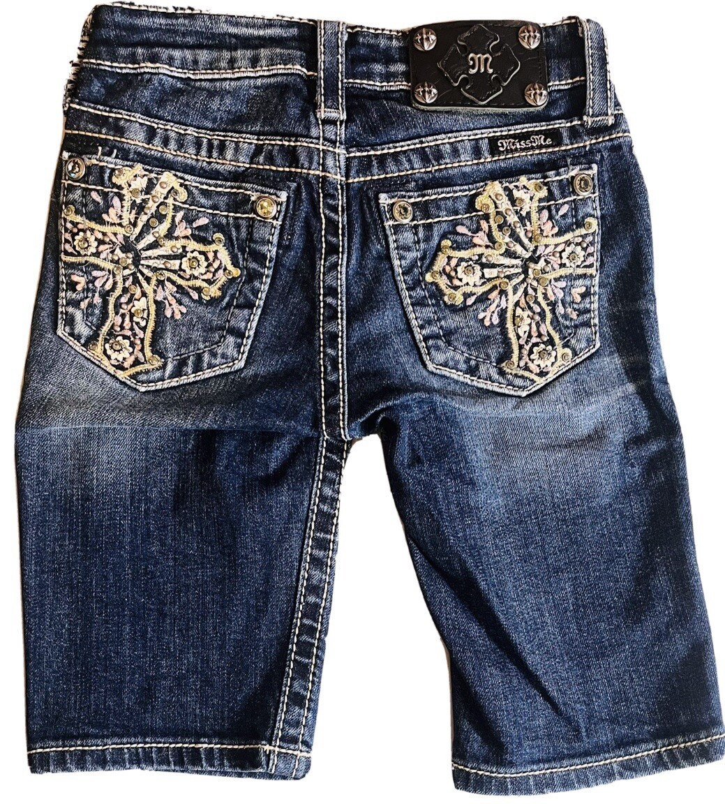Short Miss Me Jeans Bermuda Femme - Taille 14 - Bleu Avec Croix En Cuir