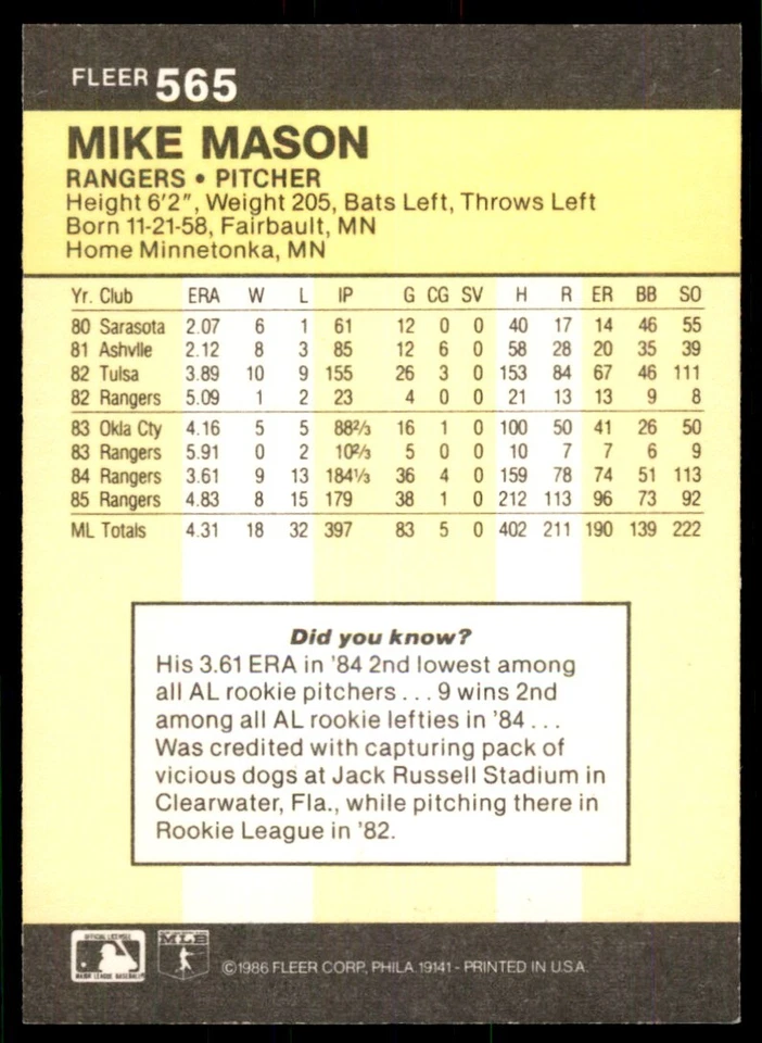 1986 Fleer Mike Mason Texas Rangers #565 - Image 2 of 2