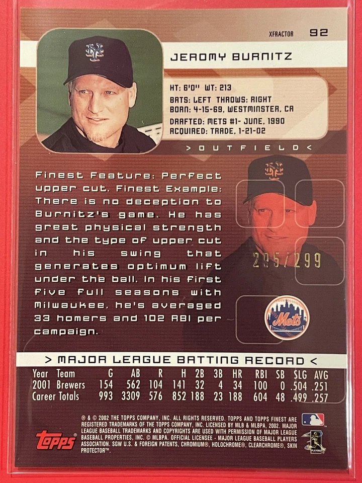 2002 Topps Finest Jeromy Burnitz X-Fractor /299 #92 Baseball New York Mets - Image 2 of 3