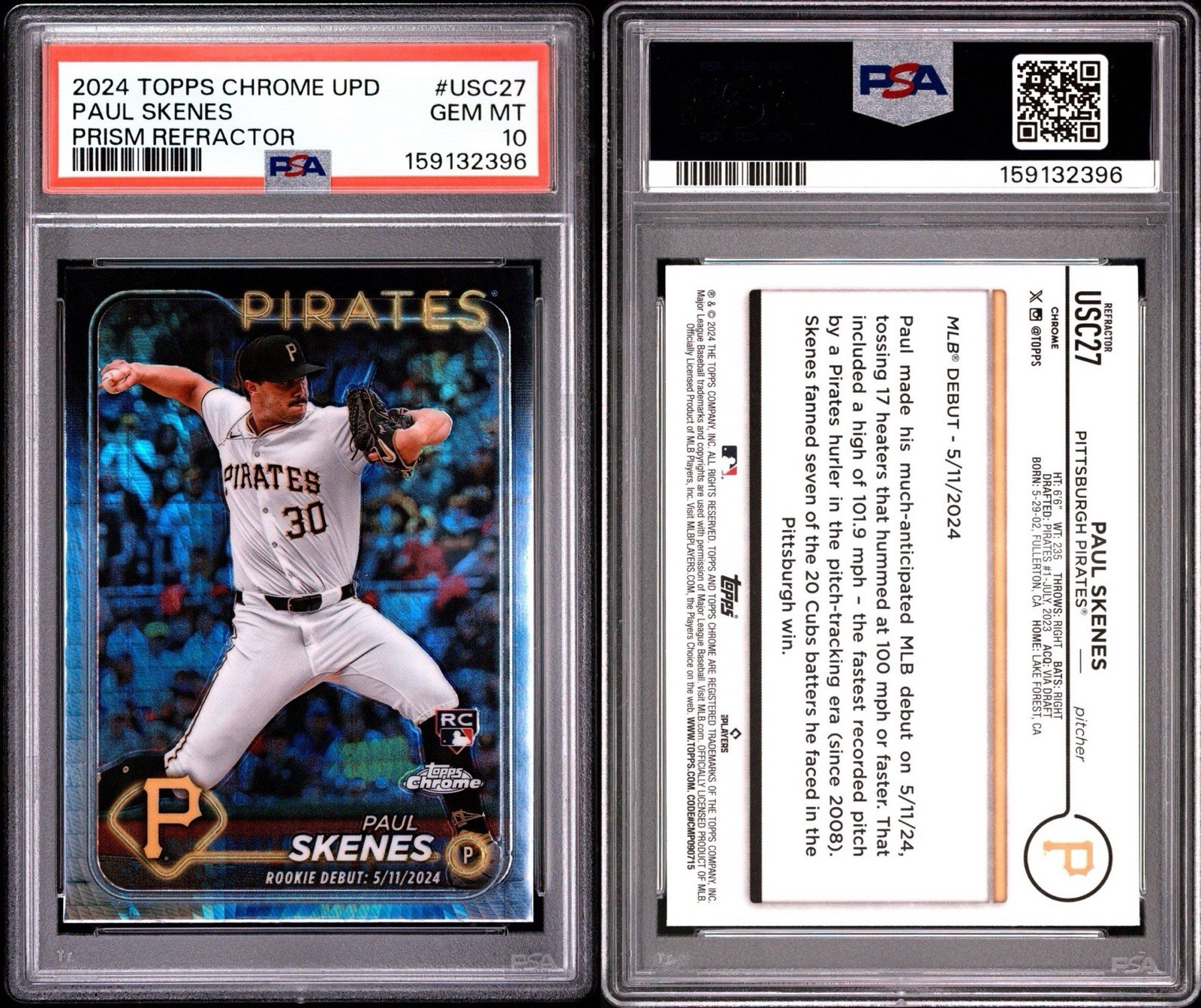 2024 TOPPS CHROME UPDATE PRISM REFRACTOR #USC27 PAUL SKENES PSA 10 view 3