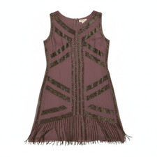 Vintage Deadstock Patra Ltd 14 Brown Silk Chiffon Overlay Beaded Flapper Dress 