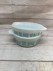 2 VTG PYREX Turquoise Amish Butterprint Casserole Dish 471&472.  Small Chips