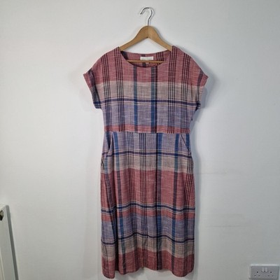 Seasalt High Above Checked Midi Dress Cotton UK Size 14 Red Blue Short Sleeve
