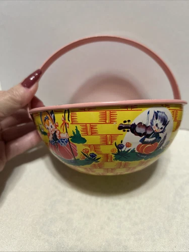 Vintage J. Chein Metal Basket With Handle And Nursery Rhymes