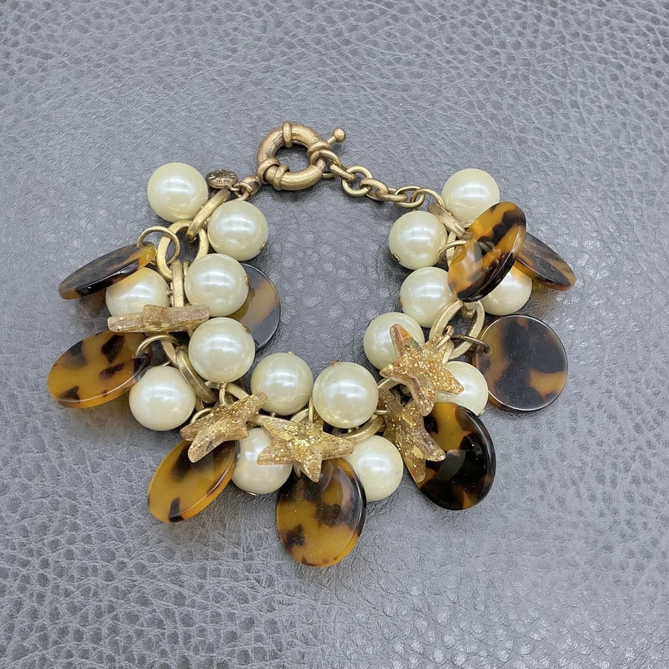J.Crew Tortoise Disc Faux Pearl Star Charm Bracelet Gold Tone Spring Ring 7" - Image 2 of 4