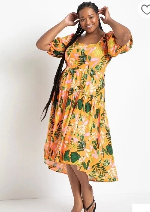 Eloquii Floral Square Neck High Low Midi Dress Orange Tiered