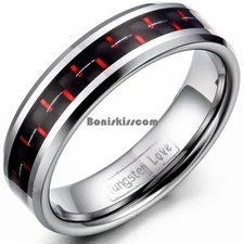 6mm Womens Tungsten Carbide Ring Red Carbon Fiber Black Inlay Wedding Band