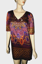 ANTHROPOLOGIE ECI NEW YORK SZ LARGE V NECK JEWELED SHIFT MINI DRESS BOHO HIPPIE