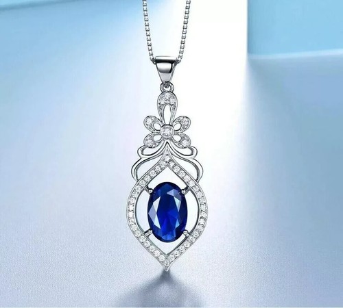 2Ct Oval Lab-Created Blue Sapphire Halo Pendant 14k White Gold Plated 18" Chain