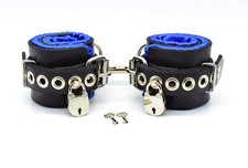 Locking Blue Satin Lined Leather Wrist Bondage Cuffs by Axovus
