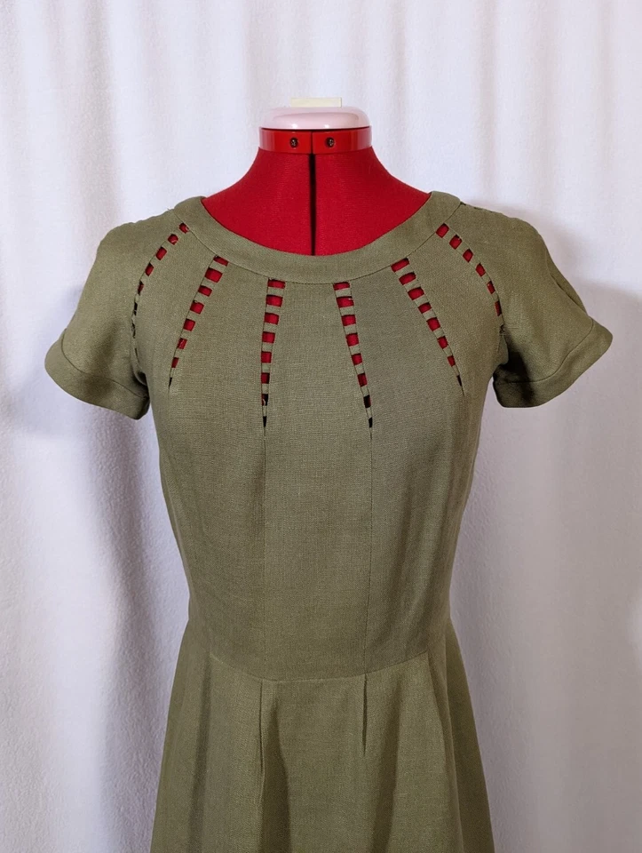 Vestido De Colección Años 50 Verde Atómico Geométrico Moygashel Lino Carlye Recortado MCM EE. UU. Foto 3 de 4