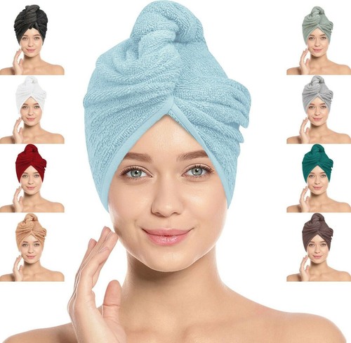 Cappello turbante per asciugacapelli asciugacapelli avvolgimento dopo la doccia asciugatura rapida per capelli 100% cotone - Foto 2 di 18