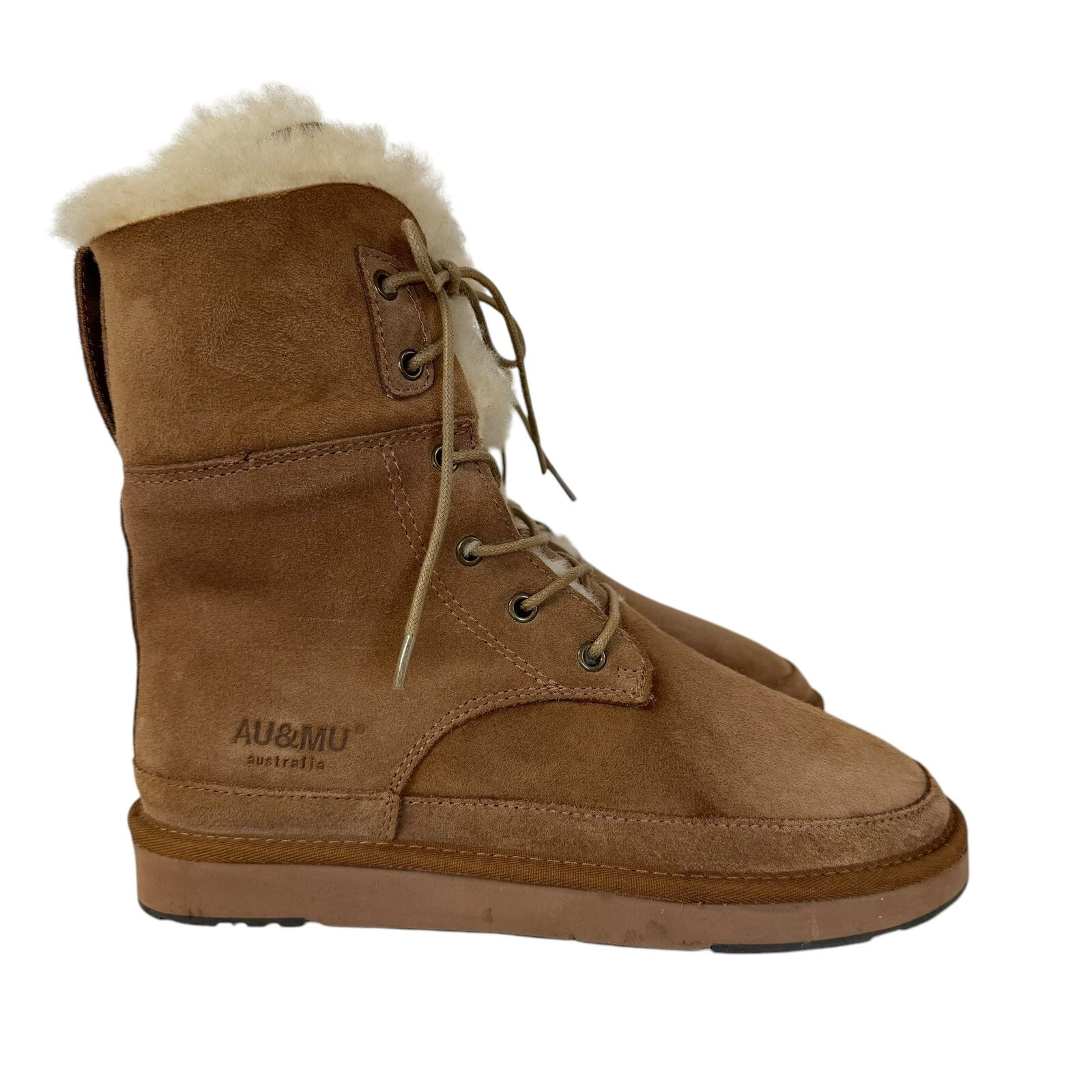 UGG Stivali caldi AU&MU pelle di montone shearling stringati metà polpaccio pelliccia castagno 8 usati in ottime condizioni
