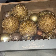 Lot Of 16 Glass Gold Glitter & Sequin Christmas Ornaments.