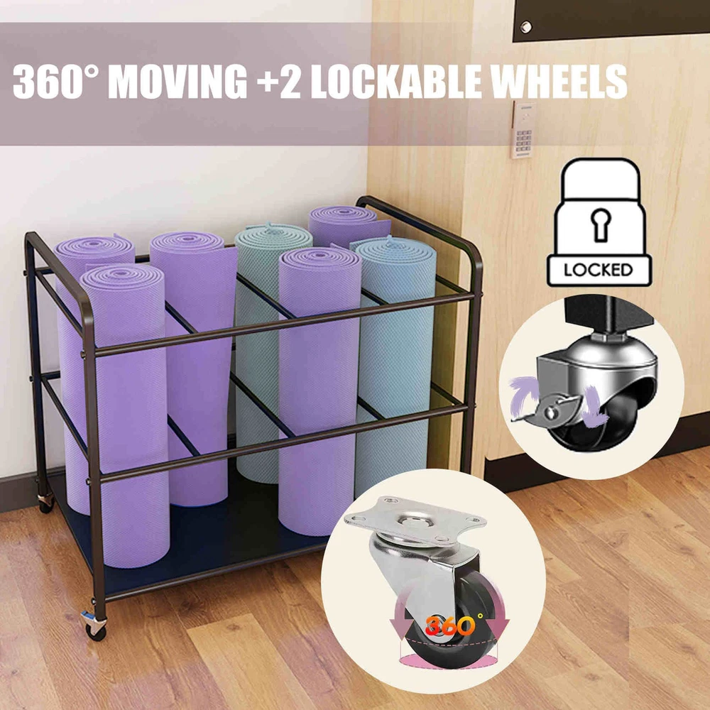 Yoga Mat Storage Rack Basket Workout Equipment Home Gym Storage Rack with Whe...