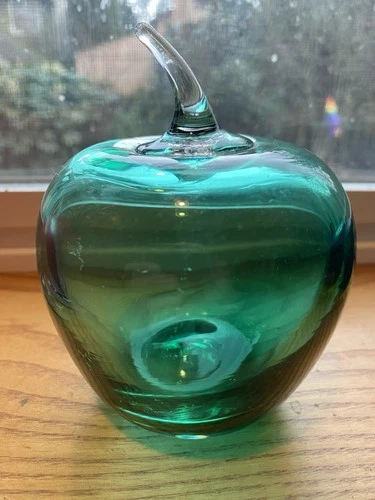 ✨ BLENKO ✨ Teal Blue/Green Art Glass Apple 🍏 Hand Blown Paperweight, 4 3/4" H✨