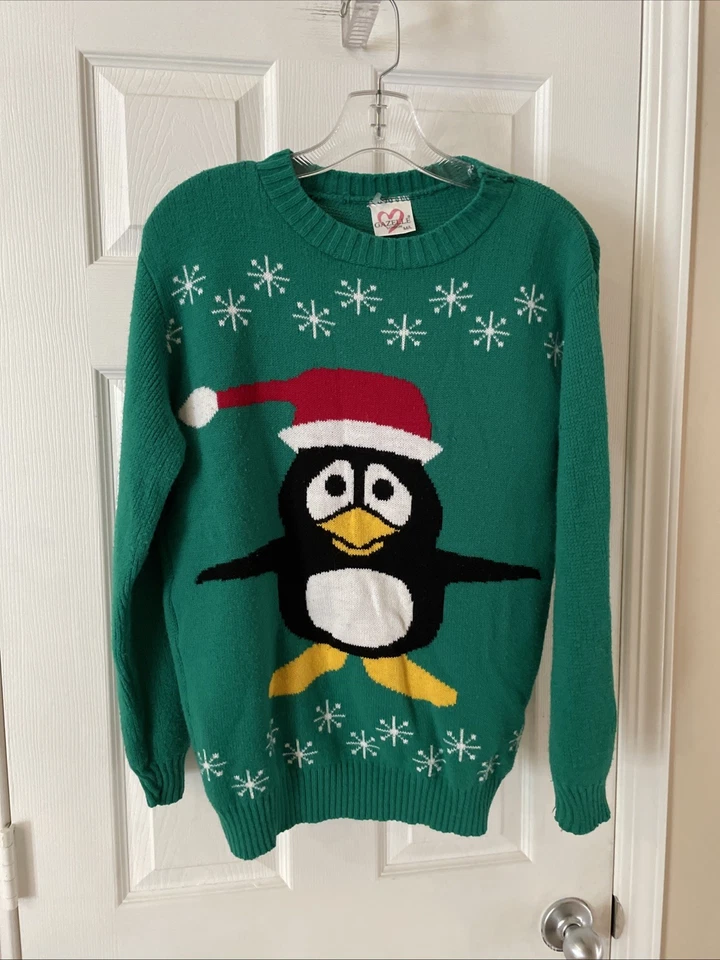 Precioso Suéter de Navidad Pingüino Rojo Verde para Mujer Talla M/L Adorable Foto 2 de 4