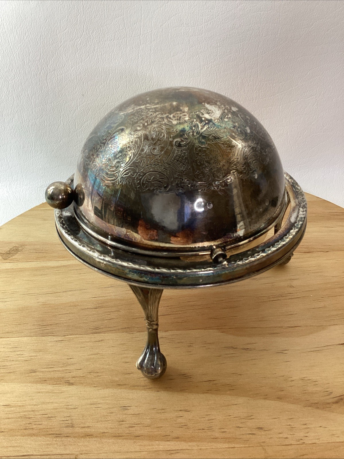 Vintage Silverplate Butter Caviar Server Swivel Dome Top  Filigree Legs England