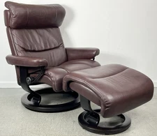 Ekornes Stressless Large "Savannah" Maroon Leather Swivel Recliner & Ottoman