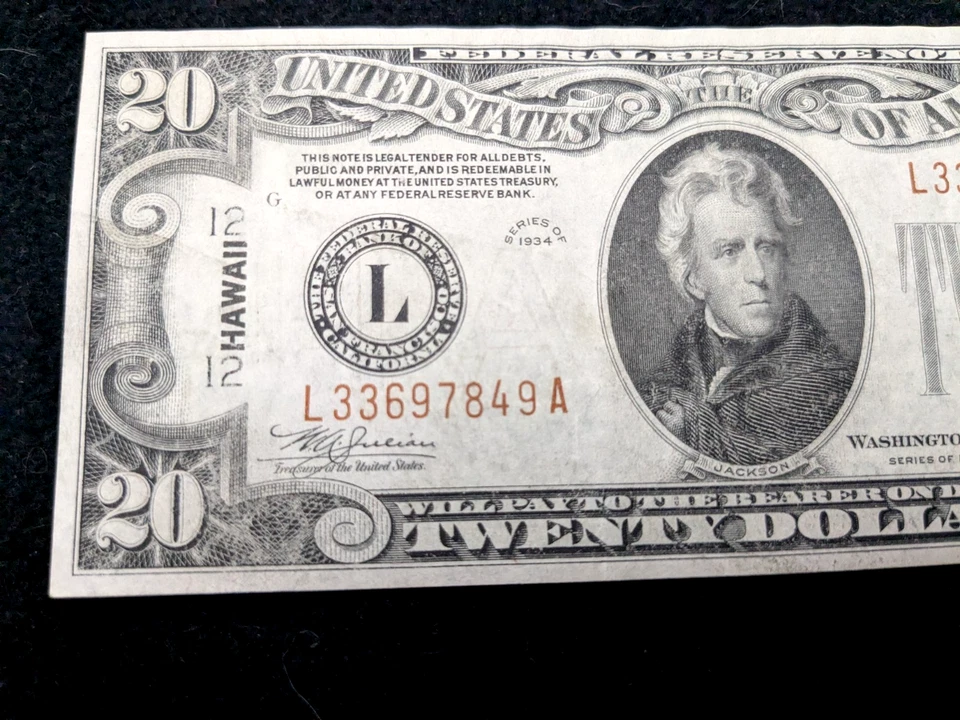 VERY SCARCE  1934  Mule   $20 US Hawaii  Emergency Issue HIGH GRADE     #1 - Image 4 of 4