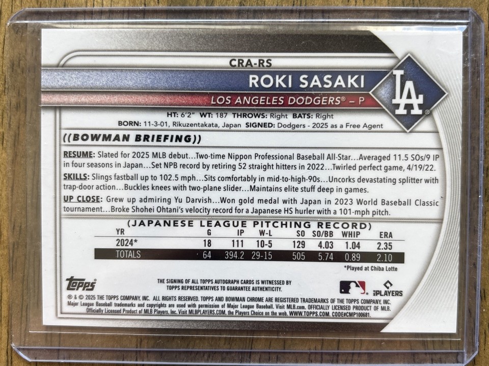 Roki Sasaki 2025 Bowman Chrome True Blue Color Match RC Auto /150 ...