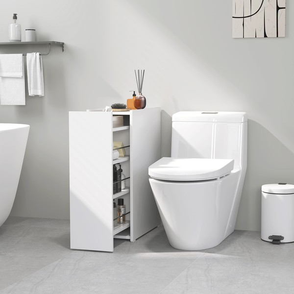 Homcom Schmaler Badezimmerschrank, Bodenschrank Mit Tiefer Schublade, Rad Weiß-image