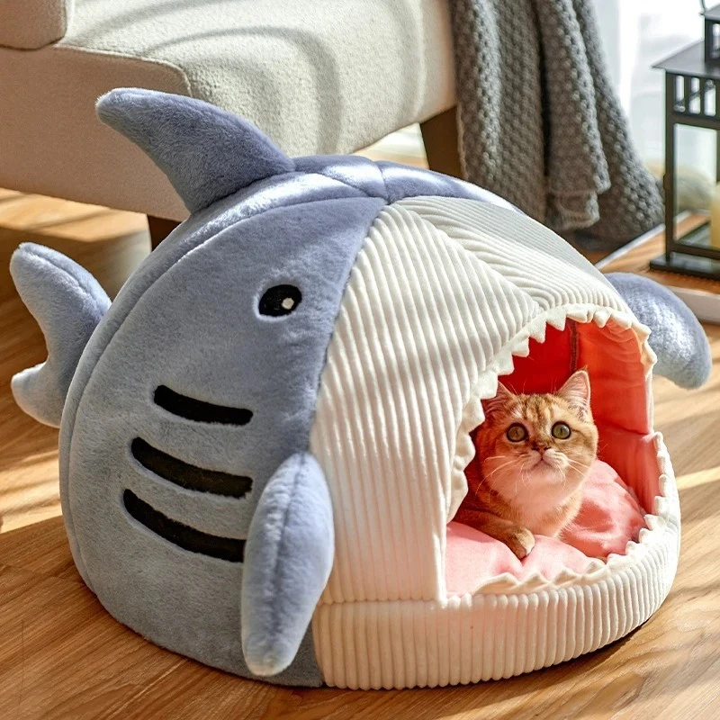 Shark Pet Bed Cats Dogs Cosy Cave Nest Snug Soft Igloo Sleeping S/M/L Blue/Grey