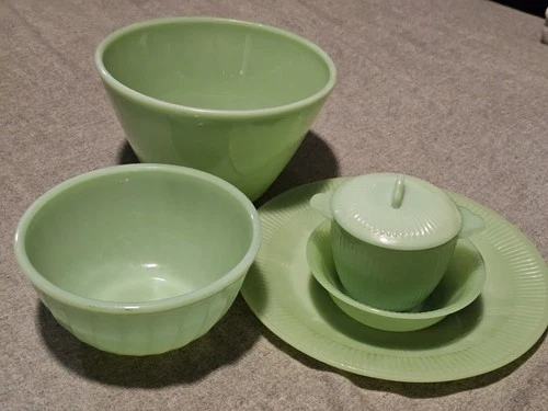 Vintage Fire King Oven Ware Jadeite Green Mixing Bowl Dish Lid Plate Swirl Lot