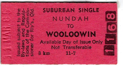 Railway ticket: Australia, Queensland: Nundah to Wooloowin, 1985