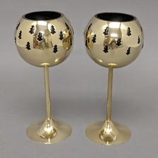 Votive Candle Holder Brass Green Glass Liner Tree Cutouts 4"D 9"High Set/2
