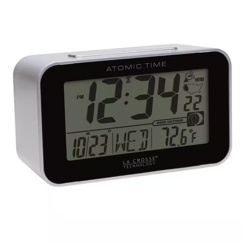 La Crosse Atomic Digital Alarm Clock Indoor Temp Moon Phase Travel Silver - Picture 7 of 7