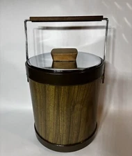 Atapco Mcm Vtg Ice Bucket wood Lid Handle 70s Retro Silver Tone Faux Wood Read