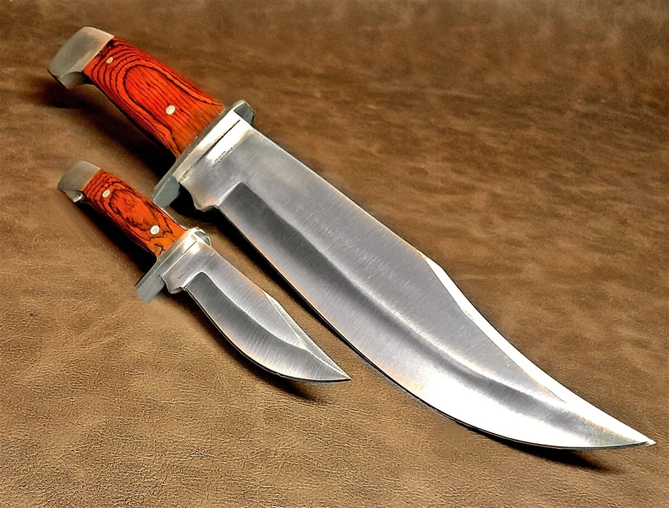 Bowie Hunting Knife 2pc Set Full-Tang Survival Tactical w/Leather Sheath TR71 - Image 3 of 4